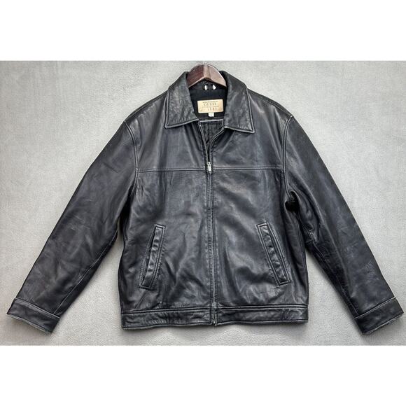 GUESS Black Leather Jacket Medium Bomber Motorcycle Full ZIP Classic Quilt Lined